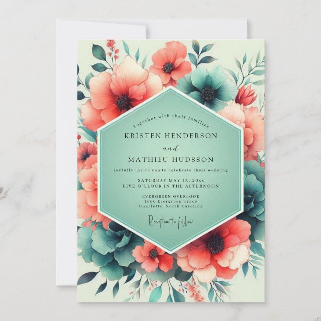 Invitación Teal Coral Artful Flora Wedding (Anverso)