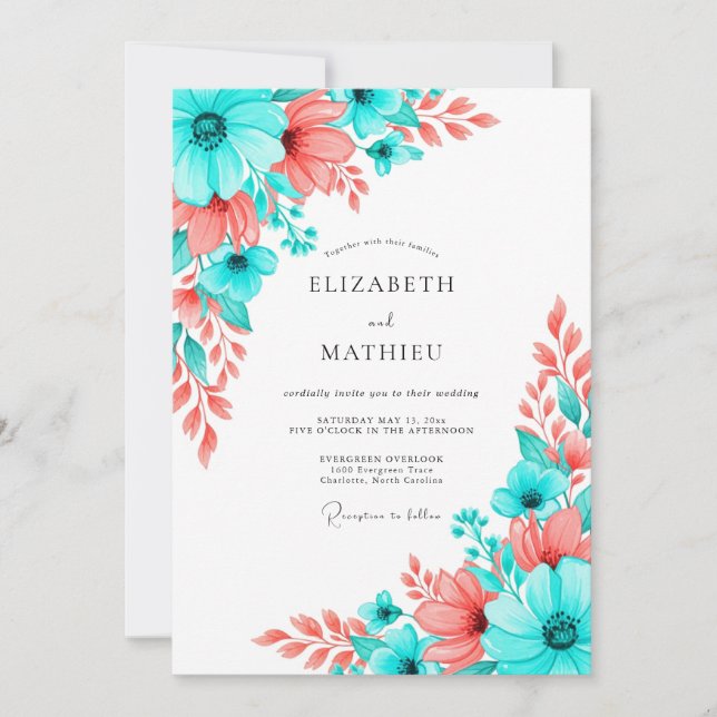 Invitación Teal Coral Artistic Bloom Wedding (Anverso)