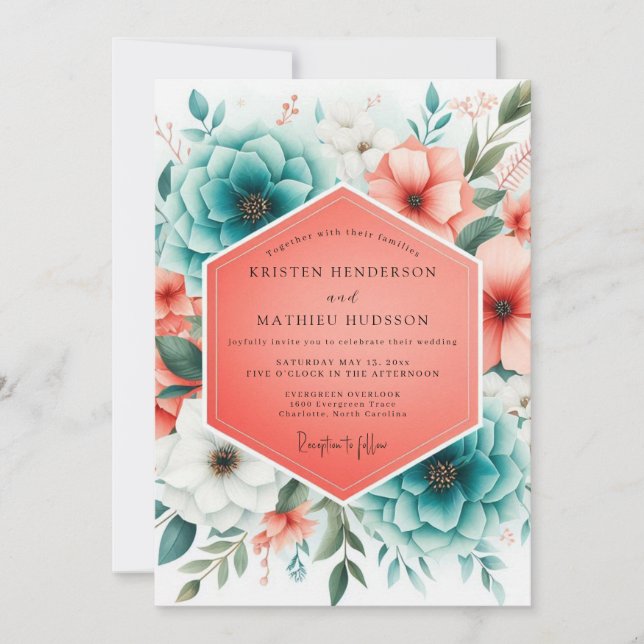 Invitación Teal Coral Bloom Romance Wedding (Anverso)