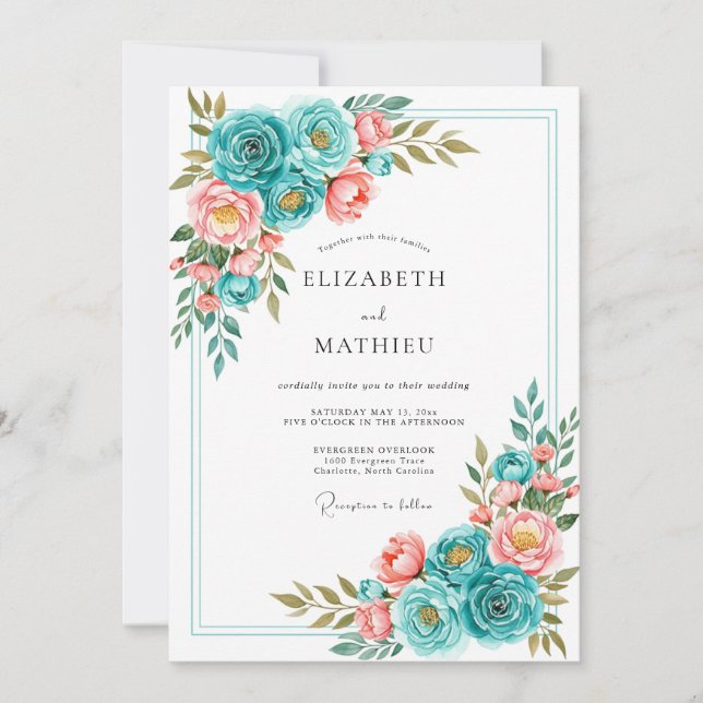 Invitación Teal Coral Bloom Romance Wedding (Anverso)