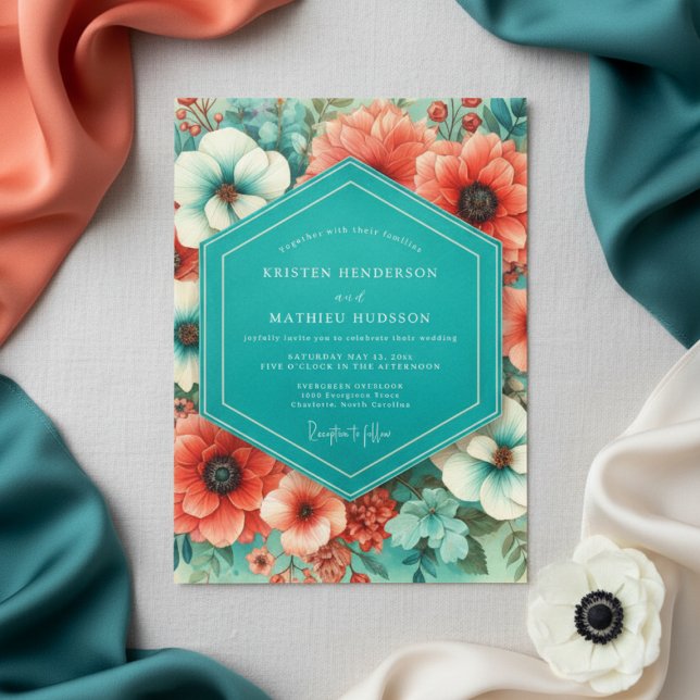 Invitación Teal Coral Bloom Romance Wedding (Subido por el creador)