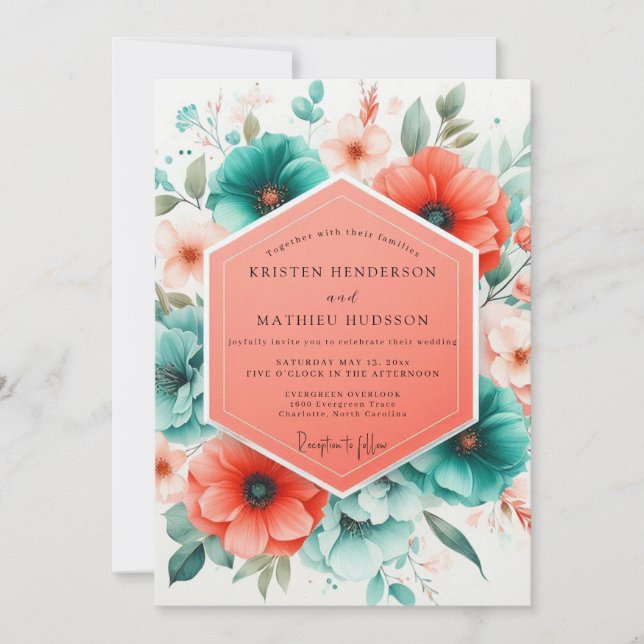 Invitación Teal Coral Blossom Romance Wedding (Anverso)