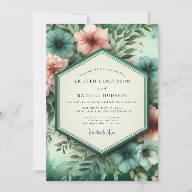 Invitación Teal Coral Botanical Romance Wedding (Anverso)