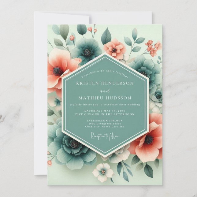 Invitación Teal Coral Ethereal Flora Wedding (Anverso)