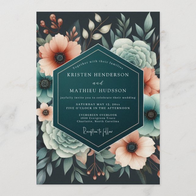 Invitación Teal Coral Eventide Wedding (Anverso)