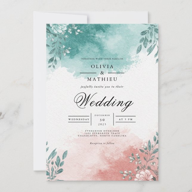 Invitación Teal Coral Floral Splash Wedding (Anverso)