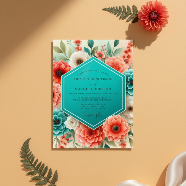 Invitación Teal Coral Floral Whimsy Wedding (Subido por el creador)