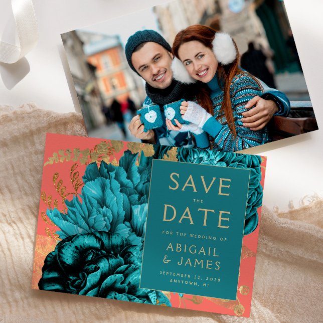 Invitación Teal Coral Gold Floral Photo Wedding Save the Date (Subido por el creador)