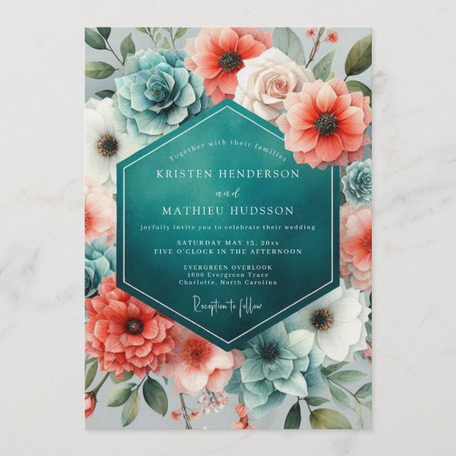 Invitación Teal Coral Lush Succulent Wedding (Anverso)