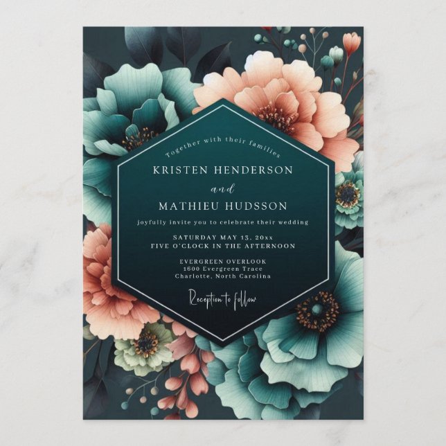 Invitación Teal Coral Moody Bloom Wedding (Anverso)