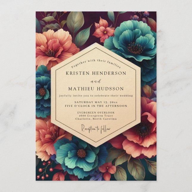 Invitación Teal & Coral Moody Botanical Wedding (Anverso)
