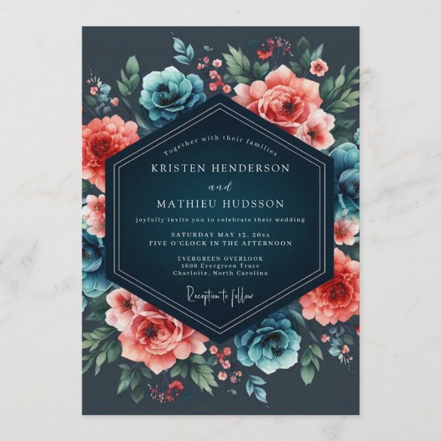 Invitación Teal & Coral Nocturnal Bloom Wedding (Anverso)