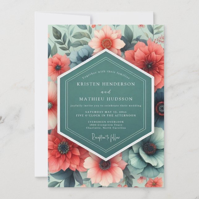 Invitación Teal Coral Opulent Flora Wedding (Anverso)