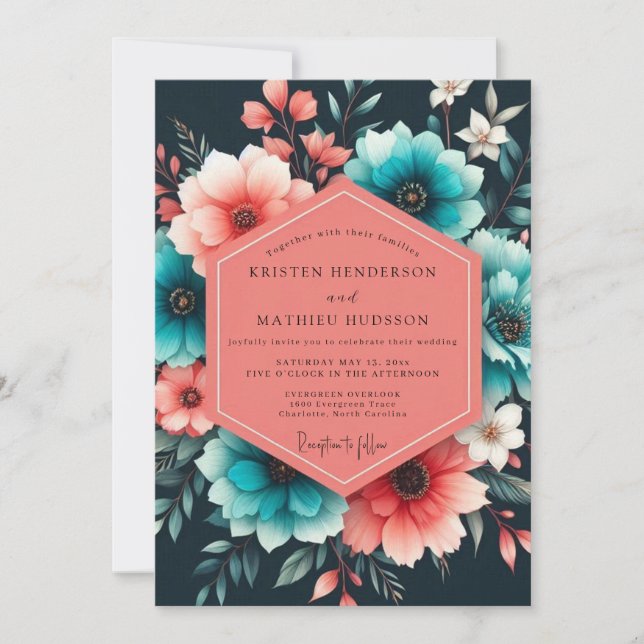 Invitación Teal Coral Painterly Bloom Wedding (Anverso)