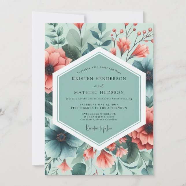Invitación Teal Coral Painterly Flora Wedding (Anverso)
