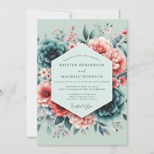 Invitación Teal Coral Painterly Wedding (Anverso)