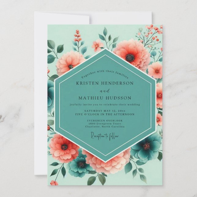 Invitación Teal Coral Vibrant Bloom Wedding (Anverso)