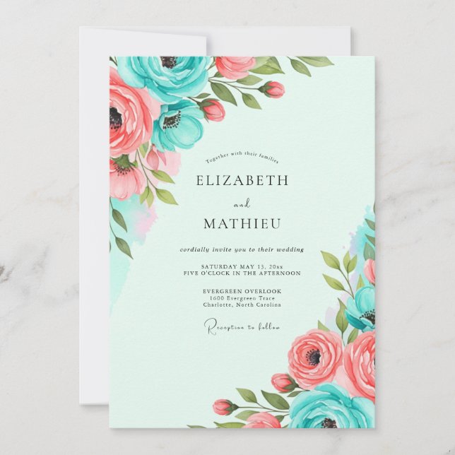 Invitación Teal Coral Vibrant Spring Wedding (Anverso)