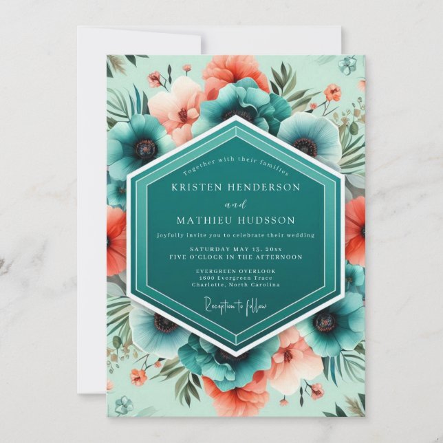 Invitación Teal Coral Vivid Botanical Wedding (Anverso)