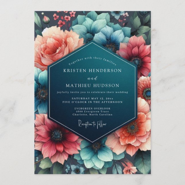 Invitación Teal Coral Wedding (Anverso)