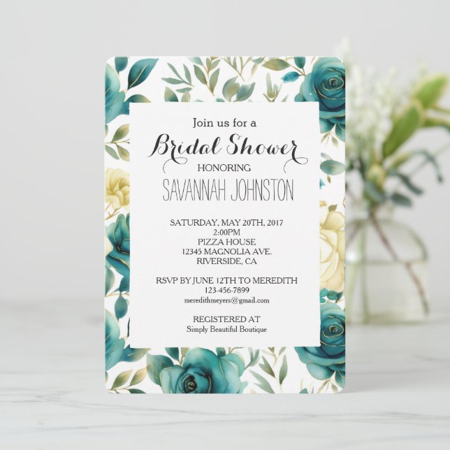 Invitación Teal Cream Rose Floral Bridal Shower (Anverso de pie)