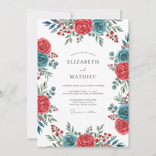 Invitación Teal Crimson Spirited Botanical Wedding (Anverso)