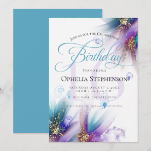 Invitación Teal de amatista floral abstracto de cumpleaños im