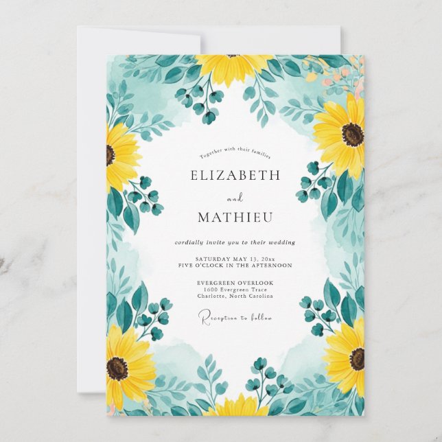 Invitación Teal Distinctive Sunflower Wedding (Anverso)