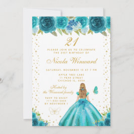 Invitación Teal Floral Blonde Hair Princess Birthday Party