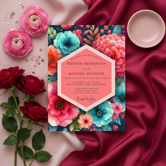 Invitación Teal Floral Bloom Romance Wedding (Subido por el creador)