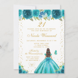 Invitación Teal Floral Brunette Hair Princess Birthday Party