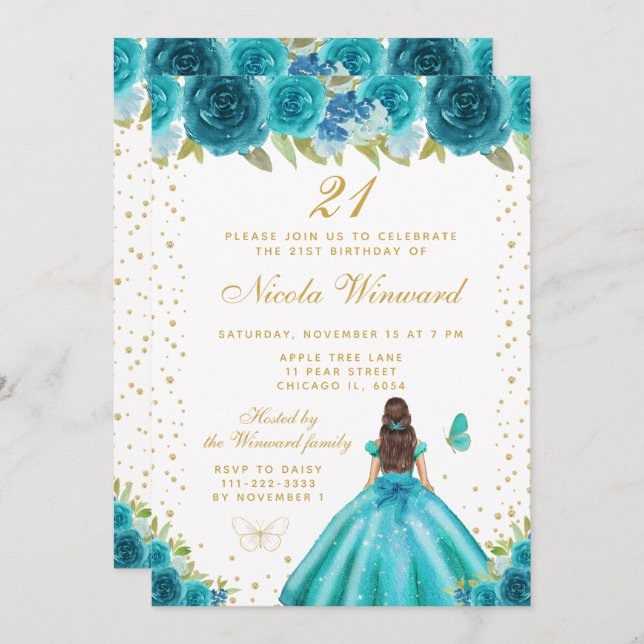 Invitación Teal Floral Brunette Hair Princess Birthday Party (Anverso / Reverso)