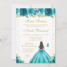 Invitación Teal Floral Brunette Hair Princess Sweet Sixteen