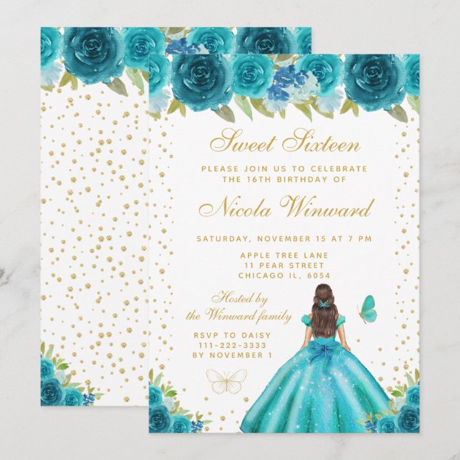 Invitación Teal Floral Brunette Hair Princess Sweet Sixteen (Anverso / Reverso)