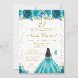 Invitación Teal Floral Dark Skin Princess Birthday Party
