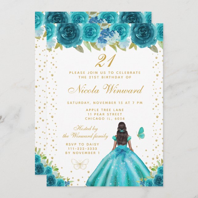 Invitación Teal Floral Dark Skin Princess Birthday Party (Anverso / Reverso)