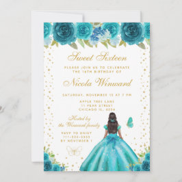 Invitación Teal Floral Dark Skin Princess Sweet Sixteen
