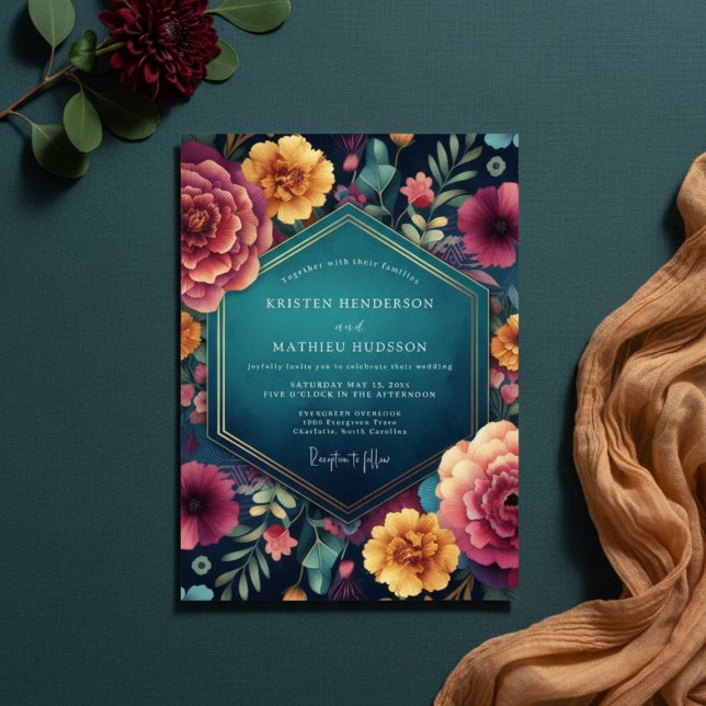 Invitación Teal Floral Enchanted Romance Wedding (Subido por el creador)
