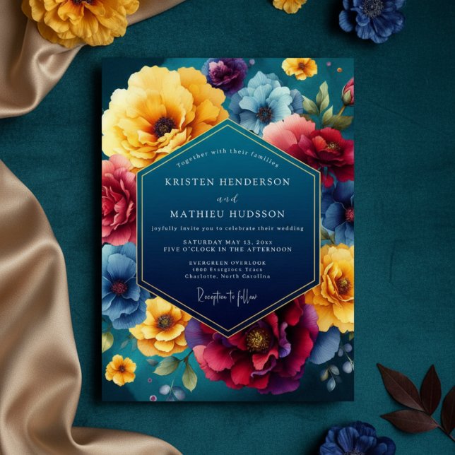 Invitación Teal Floral Luxe Wedding (Subido por el creador)
