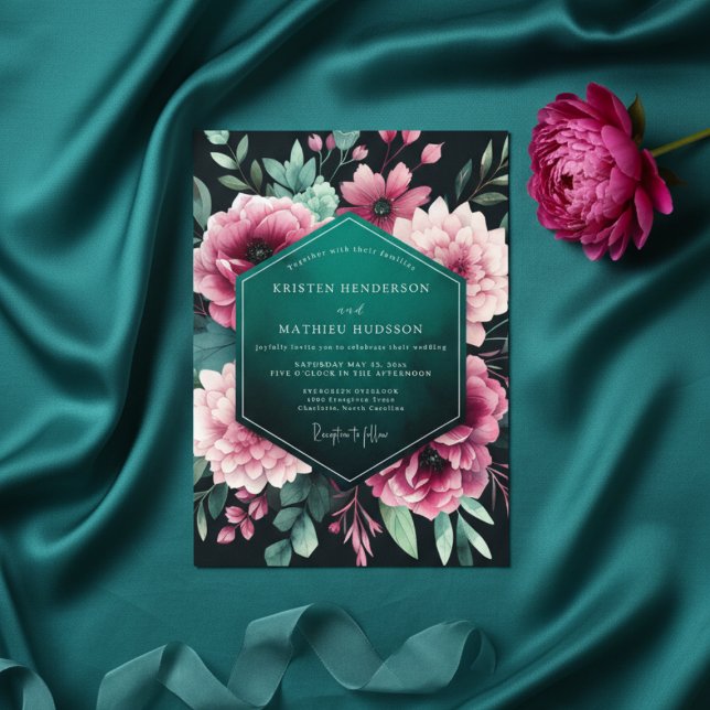 Invitación Teal Floral Nocturne Wedding (Subido por el creador)
