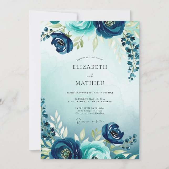 Invitación Teal Flourishing Watercolor Wedding (Anverso)