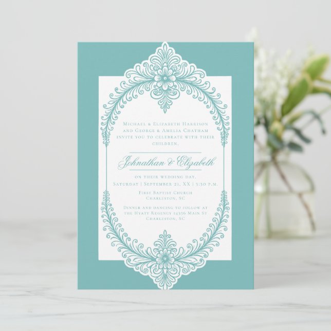 Invitación Teal French Flourish Frame Wedding (Anverso de pie)