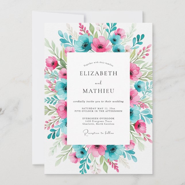 Invitación Teal Fuchsia Lively Spring Wedding (Anverso)