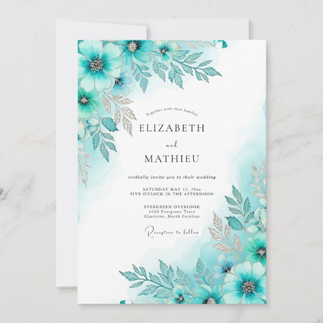 Invitación Teal Glacial Botanical Winter Wedding (Anverso)