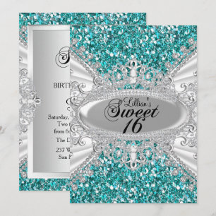 Invitación Teal Glitter Diamond Tiara Sweet 16
