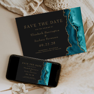 Invitación Teal Gold Agate Dark Save the Date