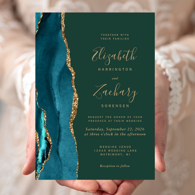 Invitación Teal Gold Agate Emerald Green Wedding (Subido por el creador)
