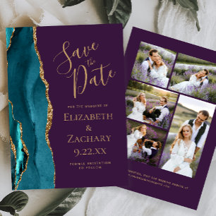 Invitación Teal Gold Agate Purple 5-Foto Save the Date