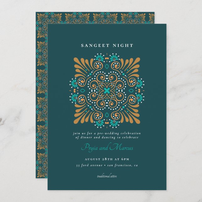 Invitación Teal Gold Blanco Mandala Mehndi Sangeet (Anverso / Reverso)