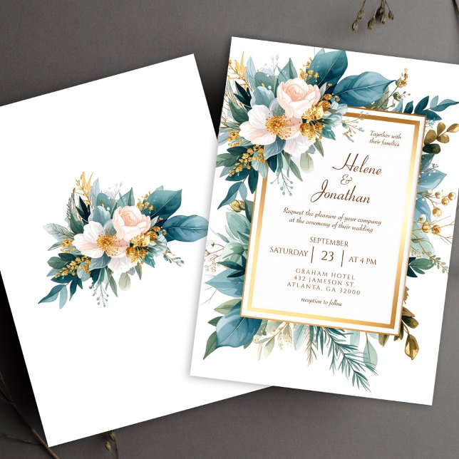 Invitación Teal Gold Floral Garden Boho Elegant Wedding (Teal Gold Floral Garden Boho Elegant Wedding Invitation)